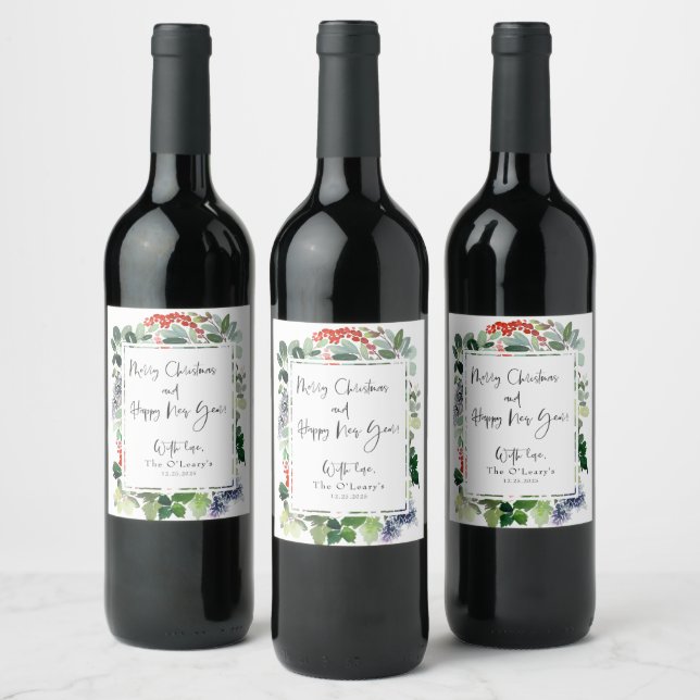God Jul Röd Holly Modern Script  Vinflaska Etikett (Flaskor)