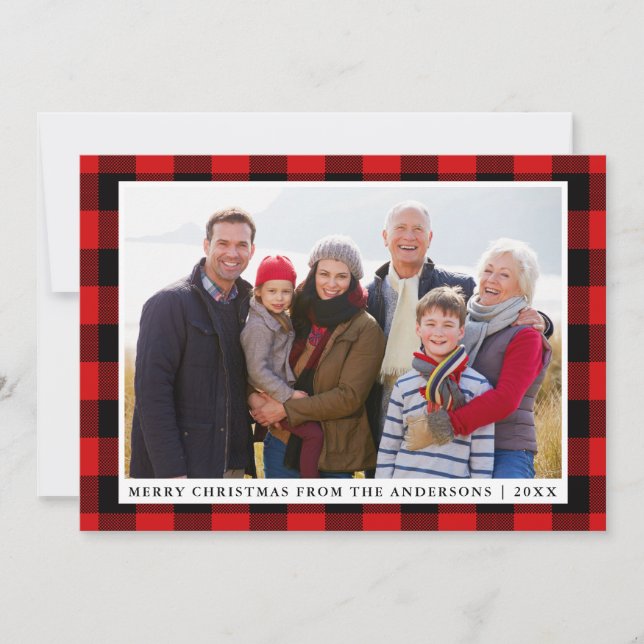 God Jul Röd Karo Familj Foto Kort (Framsida)
