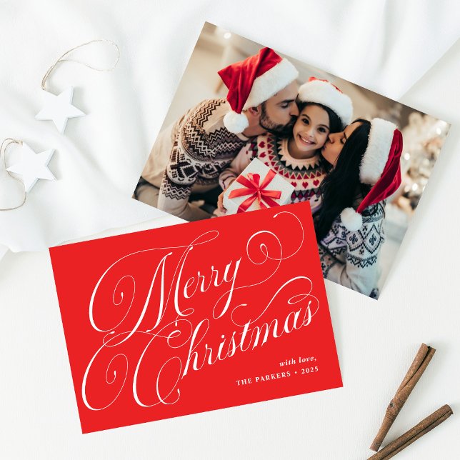 God jul | Röd med kalligrafi och foto Julkort (Skapare uppladdad)