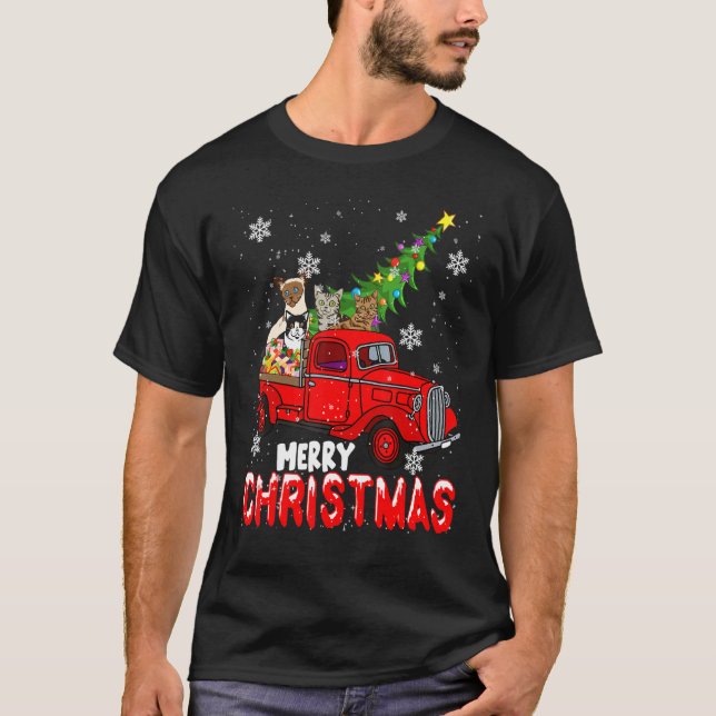 God jul Röd Pickupa Lastbil Julafton Träd Katt Fa T Shirt (Framsida)