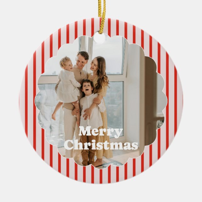 God Jul Röd Randig Retro 2 Foto Ornament (Framsidan)