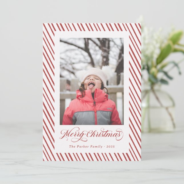 God Jul Röd Skript Kalligrafi Ränder Julkort (Stående Fram)
