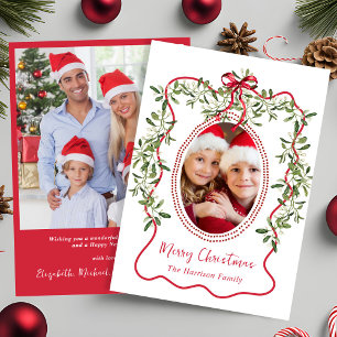 God Jul Röd Vågig Ram Båge Grönska Foto Julkort