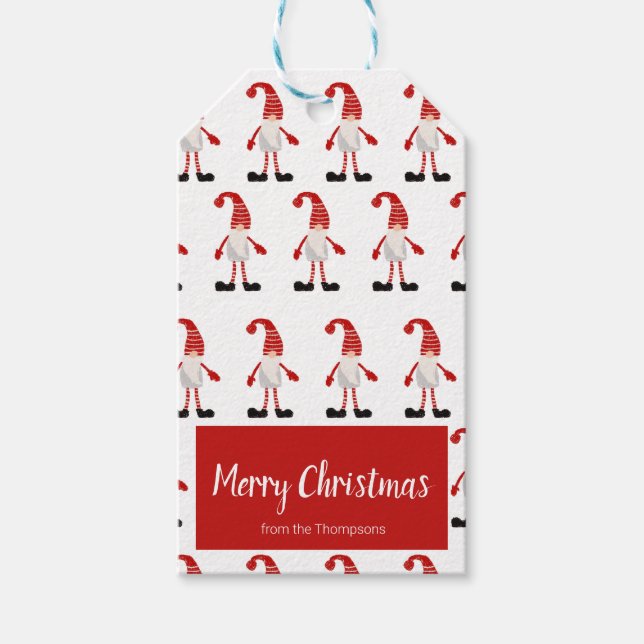 God Jul Röda Grå Tomte Nordisk Mönster Presentetikett (Framsidan)