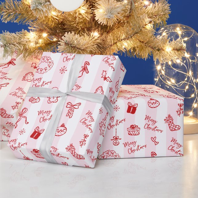 God Jul Röda Handritade Klotter Rosa Ränder Presentpapper (Helgdagar)