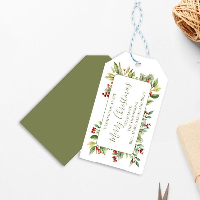 God Jul Röda Julgröna  Presentetikett (Holiday greenery watercolor Merry Christmas gift tag.)
