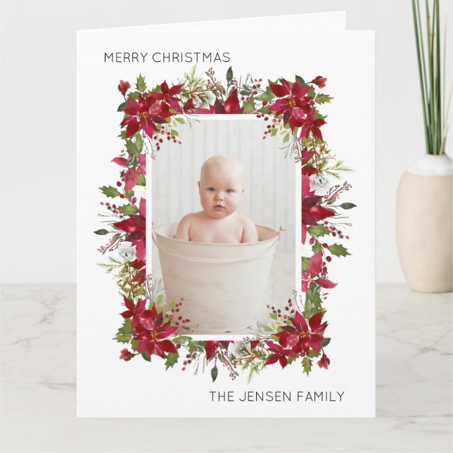 God Jul röda julstjärnor Grönska Vit Kort (Framsida)