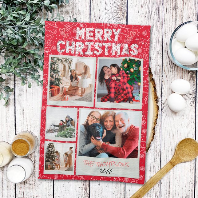 God Jul Röda Klotter 5 Foto Familj Presenter Kökshandduk (Skapare uppladdad)