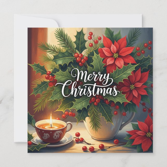 God Jul Röda Poinsettia, Järnek  Julkort (Framsida)