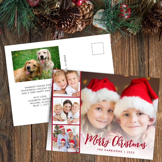 God Jul Röda Script Foto Helg Vykort (Share the love and warmth of the holiday season with this personalized photo Christmas postcard)