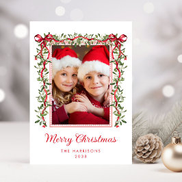 God Jul Röda Slingor Grönska Akvarell Foto Julkort