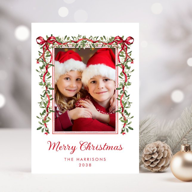 God Jul Röda Slingor Grönska Akvarell Foto Julkort (Share the love and warmth of the holiday season with this personalized photo Christmas card)
