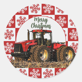 God Jul Röda Traktor Gård Semester Snöflinga Runt Klistermärke