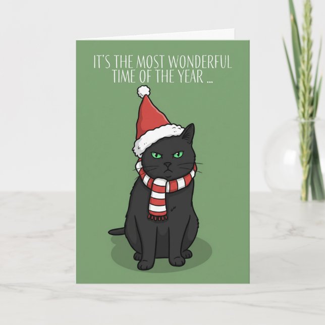 God Jul Rolig Grinig Katt i Tomtehatt Helgkort (Framsida)
