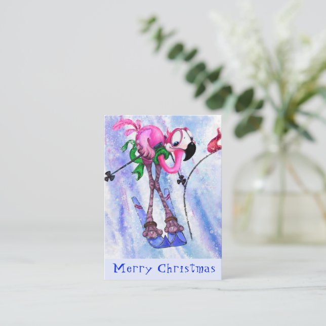 God Jul - Rolig Rosa Flamingo Skidåkare - Kul Anteckningskort (Stående Fram)