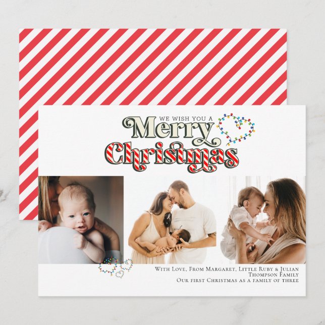 God jul Roligt Candy cane 3 Photo Red & White Julkort (Fram/baksida)