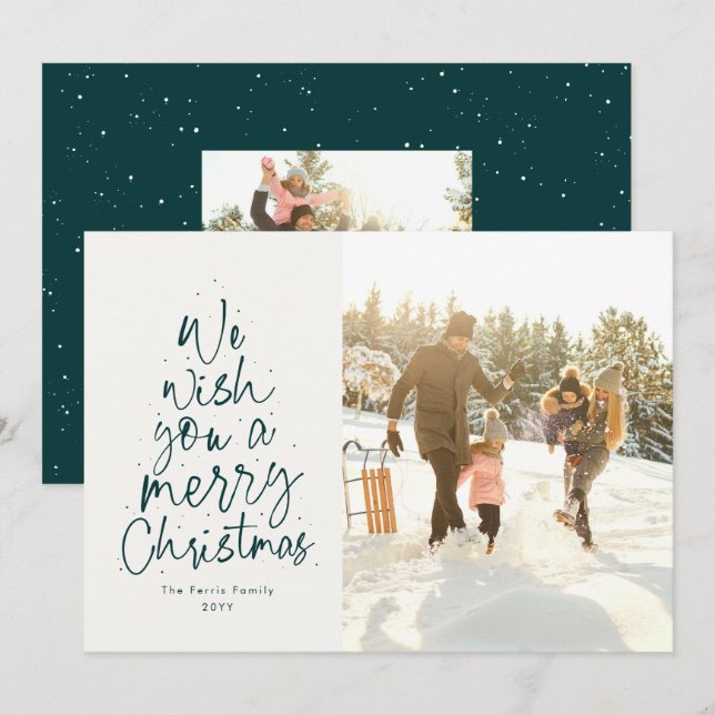 God jul roligt grönt-familjfoto julkort (Fram/baksida)