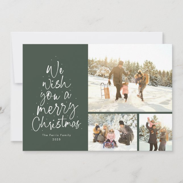 God jul roligt grönt tre fotofamilj julkort (Framsida)