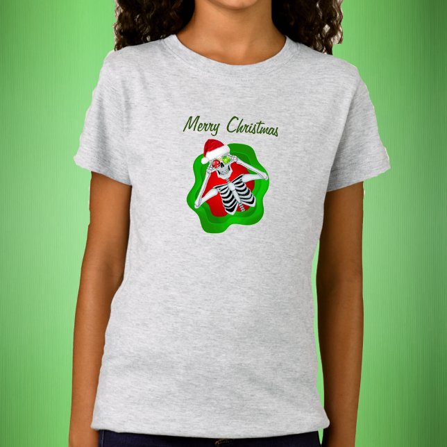 God jul Roligt Skeleton Ornaments Santa Hat T Shirt (Fun Christmas Skeleton in abstract green red blob shape ornaments and Santa Hat on kids tee shirt.)