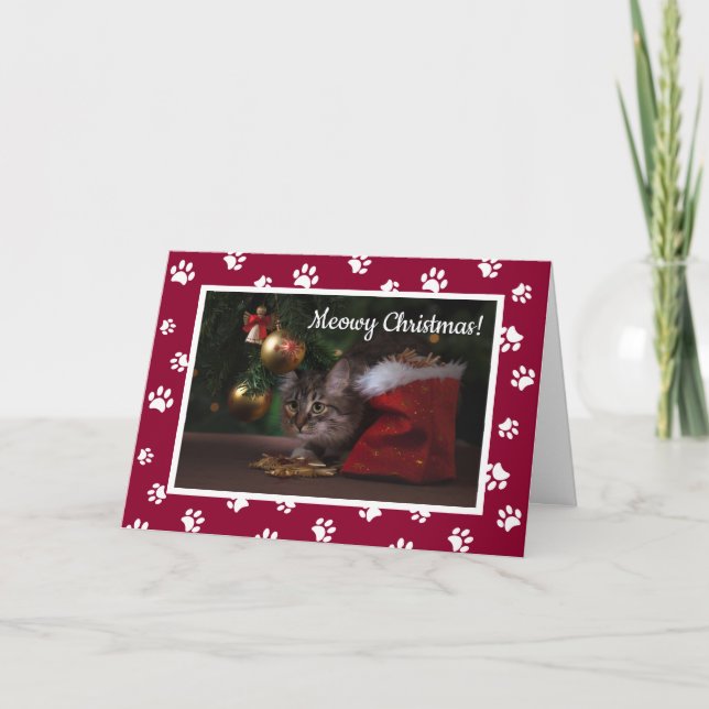 God jul! Roligt White Tass avtryck Cat Photo Helgkort (Framsida)