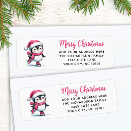 God jul Rosa Cute Ice Skating Penguin Returadress Etikett