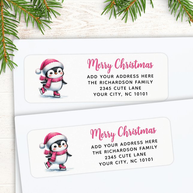 God jul Rosa Cute Ice Skating Penguin Returadress Etikett (Skapare uppladdad)