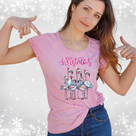 God jul Rosa Flamingo Flock Santa Hat T Shirt