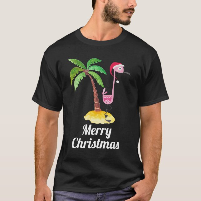 God jul Rosa Flamingo i Santa Hat T Shirt (Framsida)