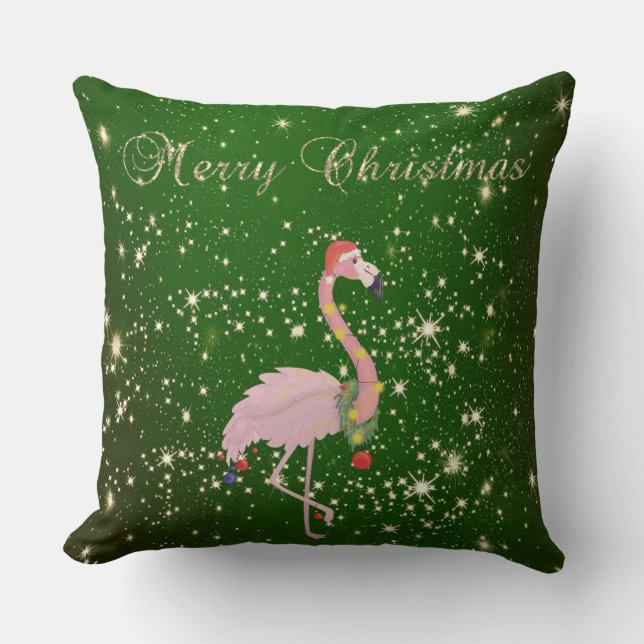 God Jul, Rosa Flamingo Med Tomtehatt,Grön Kudde (Framsida)