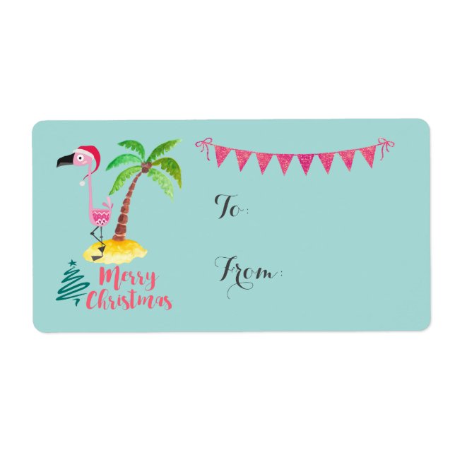 God jul Rosa Flamingo med  Träd Gift med Handflata Fraktsedel (Framsidan)