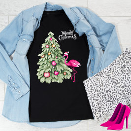 God jul Rosa Flamingo och Pastel Träd T Shirt