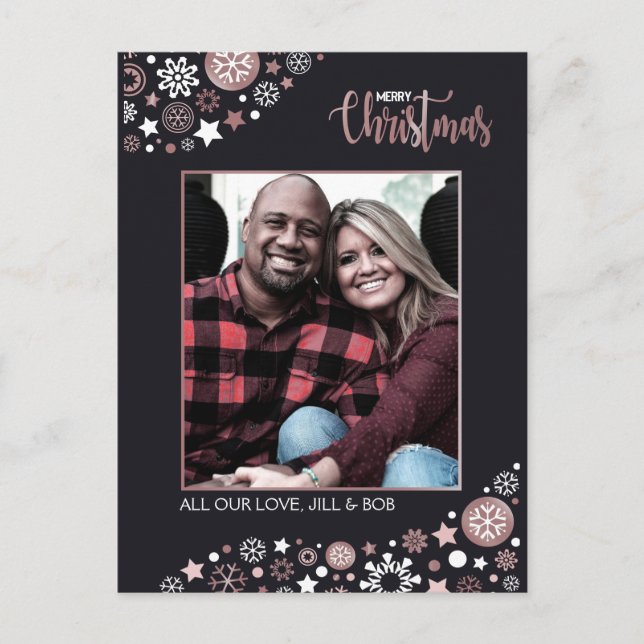 God jul rosa guld snöflingor helg vykort (Framsida)