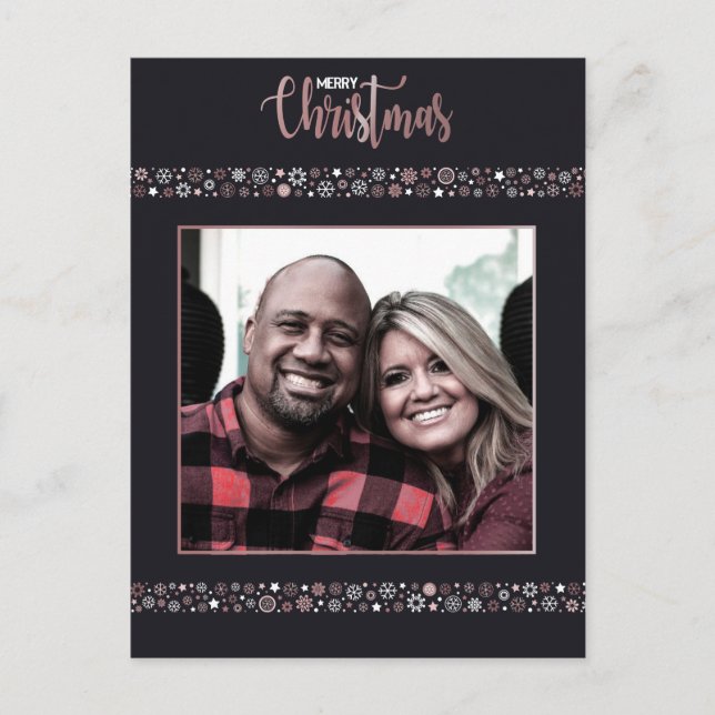 God jul rosa guld snowflake grått helg vykort (Framsida)