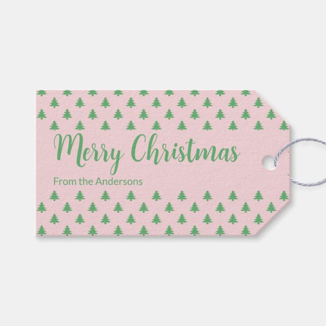 God jul Rosa och Grönt Julgranar Presentetikett (Framsidan (Horisontell))