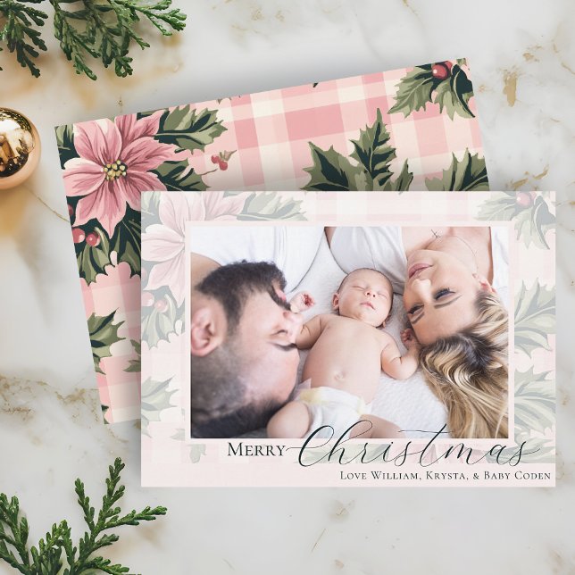 God jul Rosa Play Poinsettia Photo Julkort (Merry Christmas Pink Plaid Poinsettia Holiday Greeting Card with Family Photo)