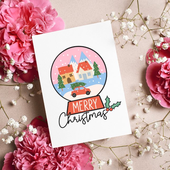 God jul Rosa & Red Snö Globe Kort (Merry Christmas Illustrated Blank Greeting Card Pink Retro Snow Globe Holiday Card No Photos)