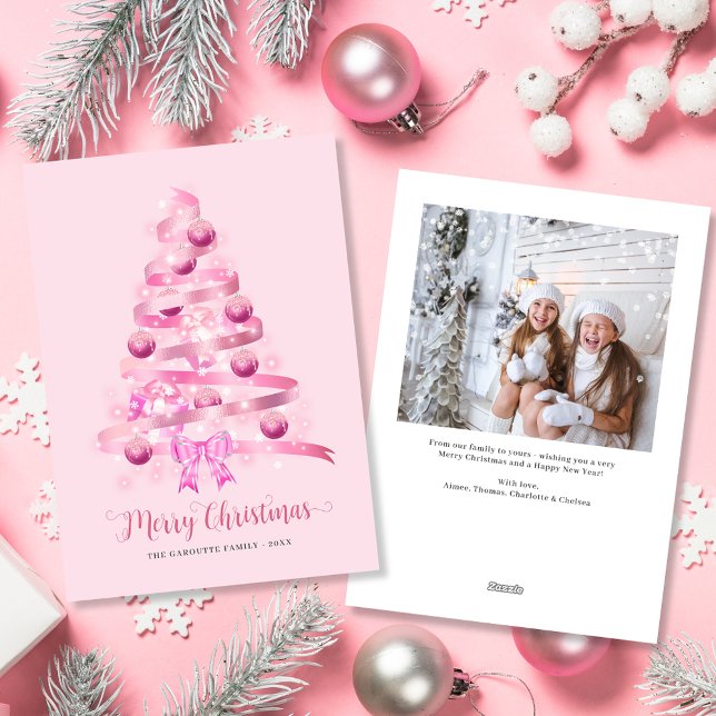 God jul Rosa Ribbon Träd Photo Julkort (Merry Christmas Pink Ribbon Tree Photo Holiday Card)