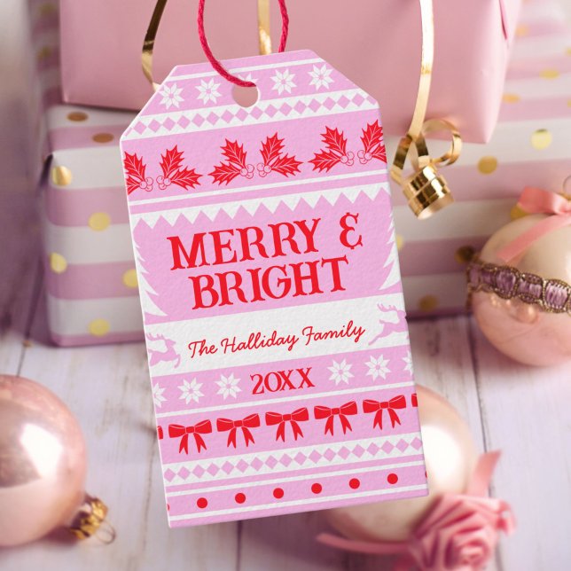 God jul, Rosa, rött och vitt Presentetikett (Merry & Bright Christmas Sweater Pink, Red & White Gift Tags)