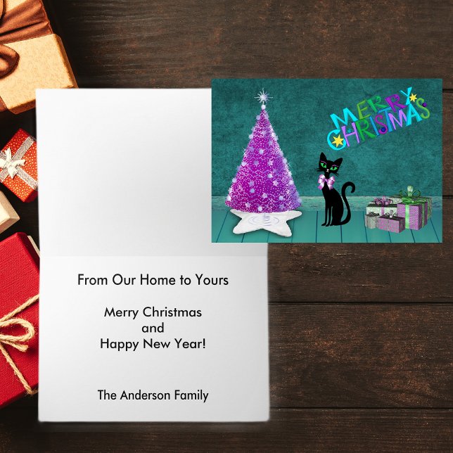 God jul Rosa Träd Cat Presenter på Teal Helgkort (Pink silver tree black cat pink bow wrapped gifts on teal Merry Christmas greeting card.)