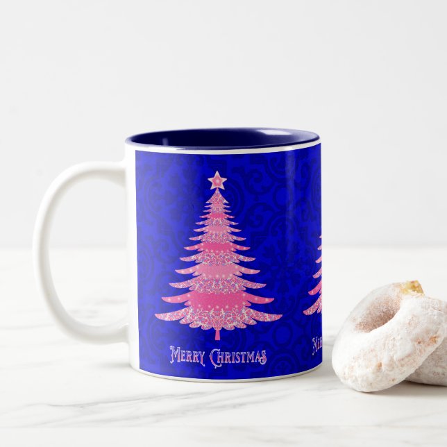 God jul Rosa Träd Gnistra Snöflingor Två-Tonad Mugg (Med munk)