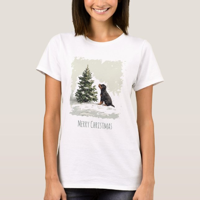 God jul Rottweiler Hund Julgran T Shirt (Framsida)