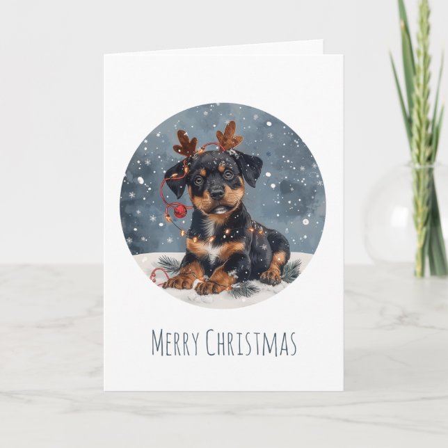 God jul Rottweiler Hund Reindeer Helgkort (Framsida)