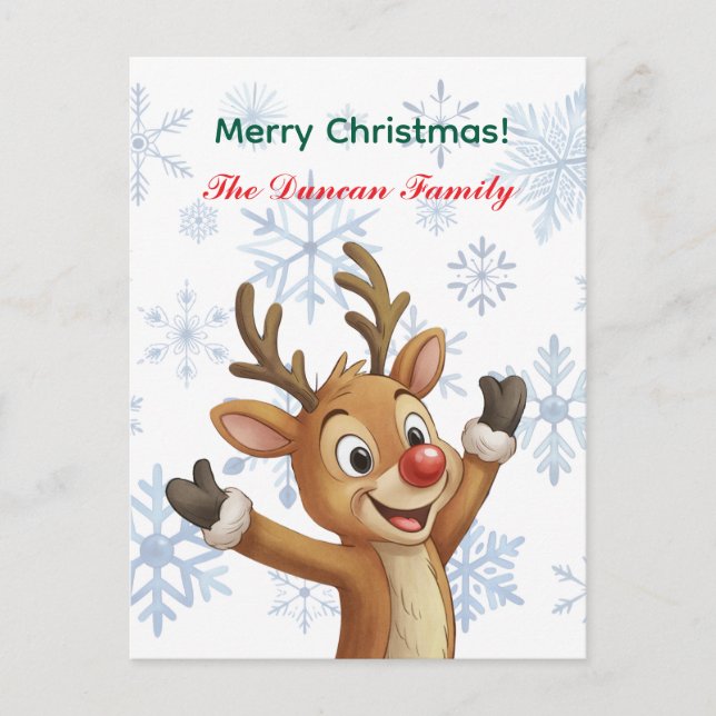 God Jul Rudolf med Blå Snöflingor Helg Vykort (Framsida)