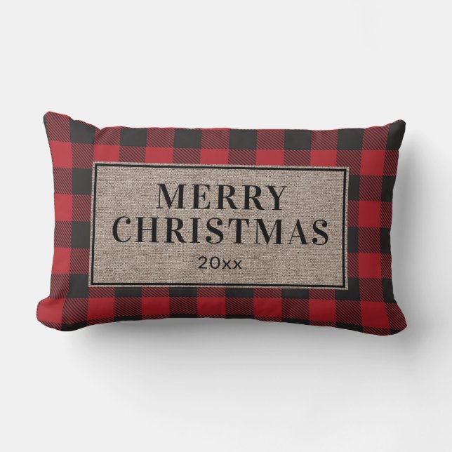 God jul Rustic Red Buffalo Play Burlap Lumbarkudde (Framsida)
