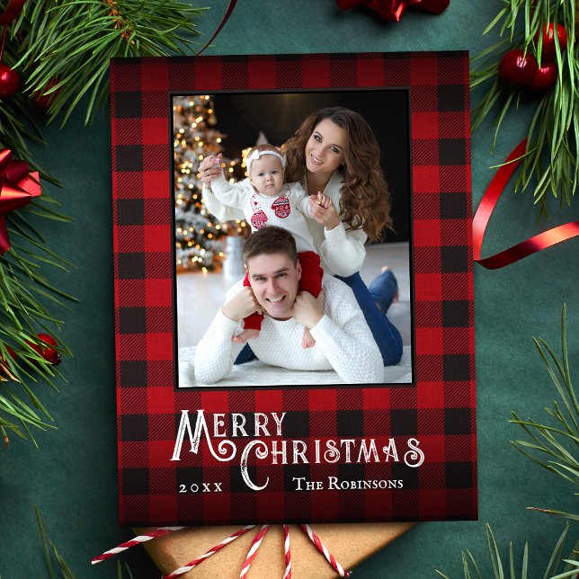 God jul Rustic Red Buffalo Play Photo Helg Vykort (Skapare uppladdad)
