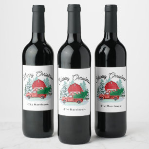 God jul Rustic Red Lastbil Farmhouse White Vinflaska Etikett