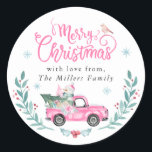 God jul Rustic Rosa Lastbil Winter Blommigt Runt Klistermärke<br><div class="desc">God jul Rustic Rosa Lastbil Winter Blommigt Classic Round Sticker</div>