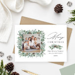 God jul Rustic Winter Greenery Photo Julkort<br><div class="desc">Elegantens fotokortsdesign "God jul" i helgdag har en rustik chic-kvadratisk krans av vinterns vattenfärgsgrej som gör att familjen bild får fäste och accentuerar den moderna formuleringen av kol-grått. Anpassa med ditt efternamn, din familjemedlem namn och året. Innehåller ett bonuslandskapsfoto på baksidan av kortet. Färg för vit och mjuk grönt kan...</div>