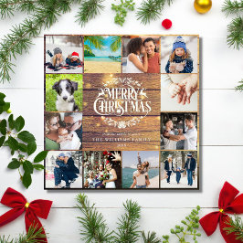 God jul Rustic Wood 12 Photo Collage Julkort