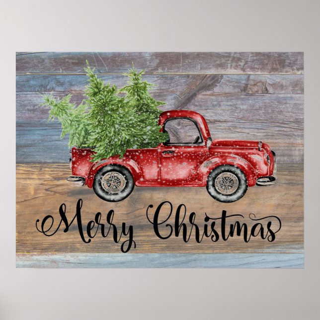 God jul Rustic Wood and Cute Red Lastbil Poster (Framsidan)